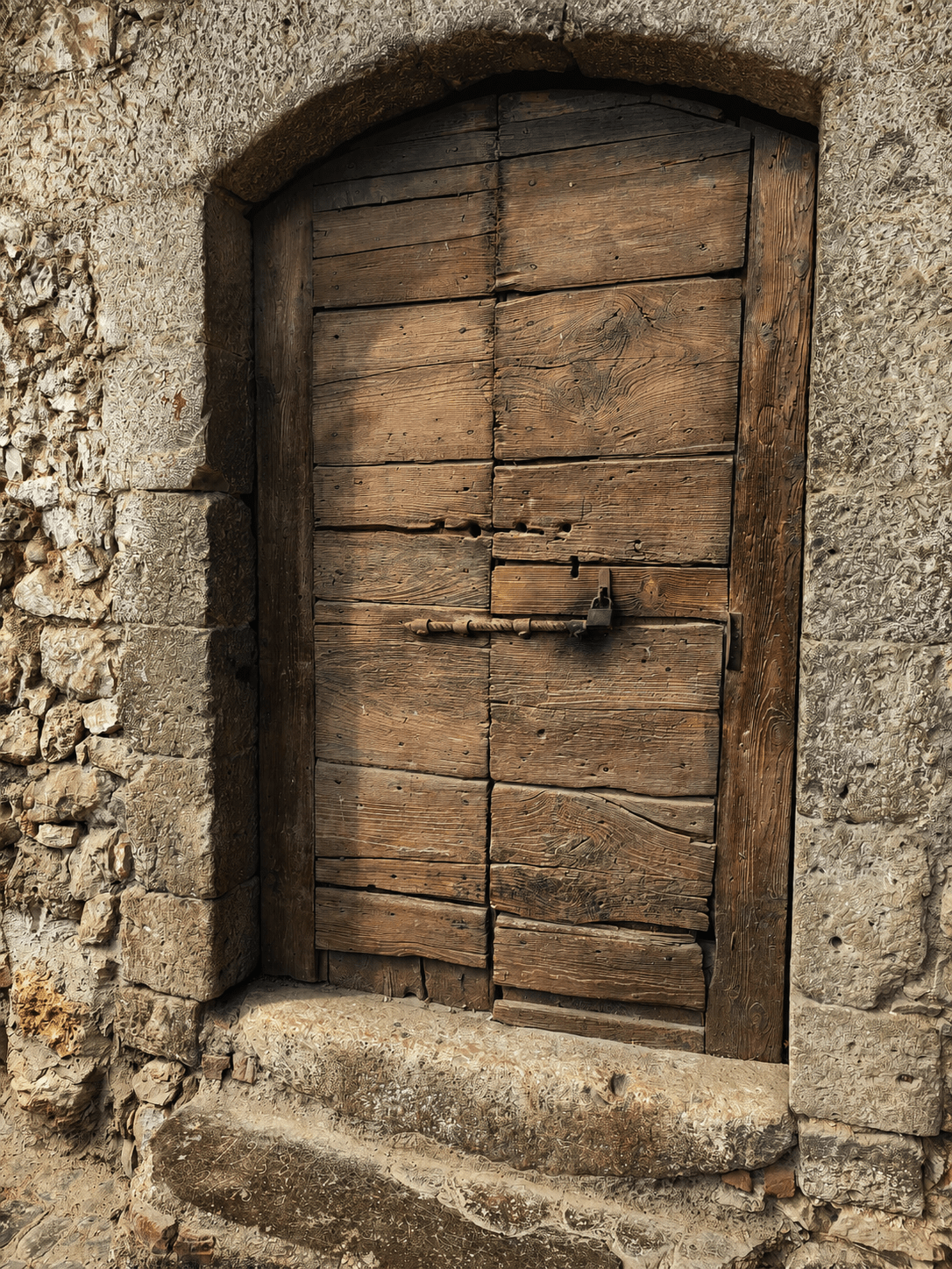 Una vecchia porta di legno chiusa in una parete di pietra
