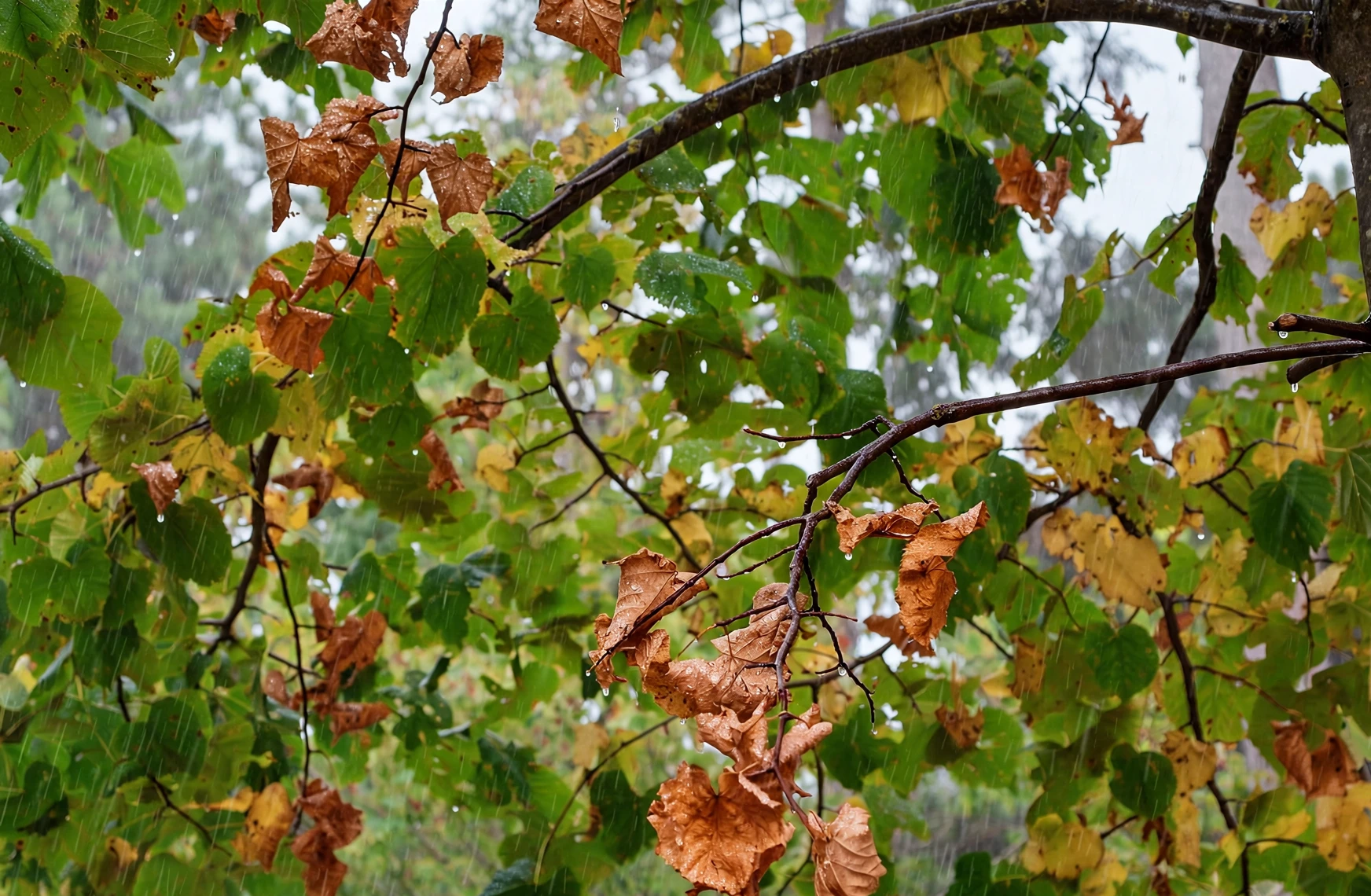 Pioggia tra rami e foglie verdi, gialle e color rame